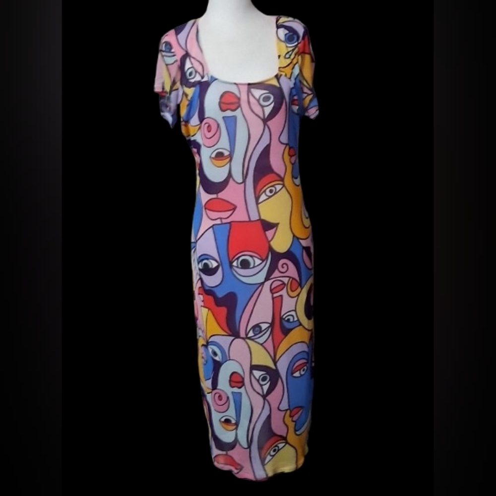 New "NWT" Jolie & Joy Abstract Multicolor Face Women Dress, Size Large